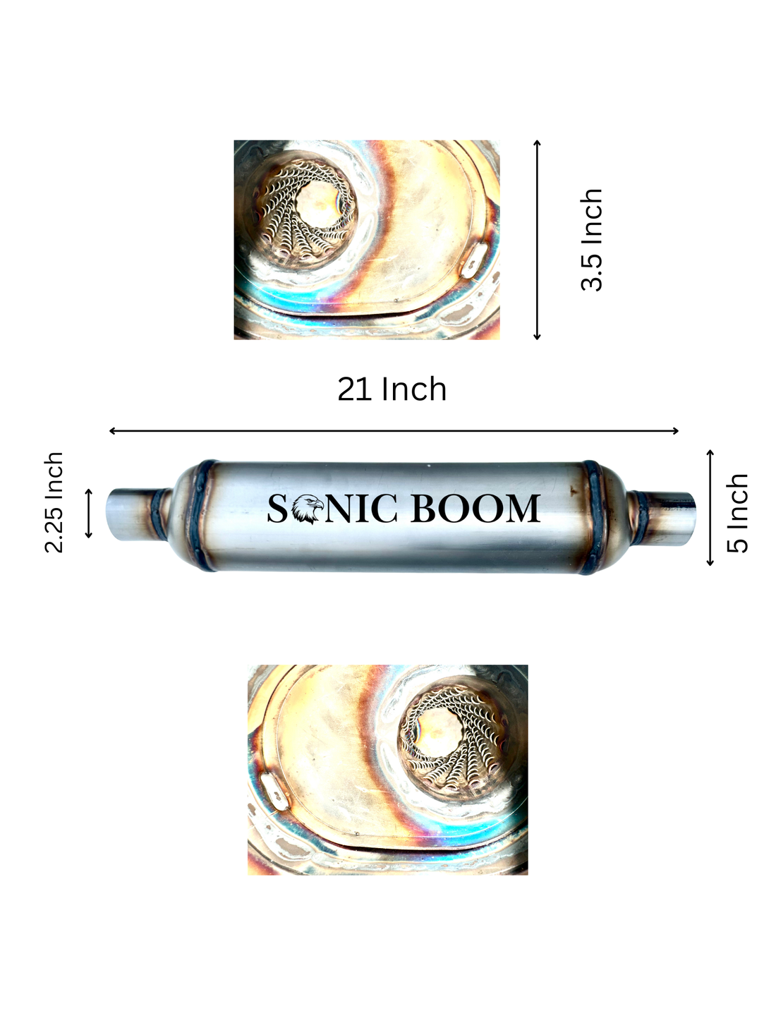 Sonic Boom Compact Performance Muffler Loud, Clean, Powerful - 21 Inch Long with Neck