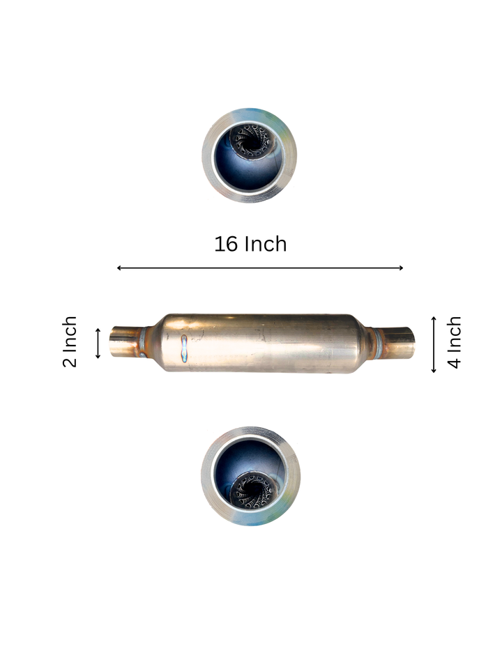 Sonic Boom Resonator Baffled Muffler Style 4" Body 16 Inch Long with Neck- Stainless