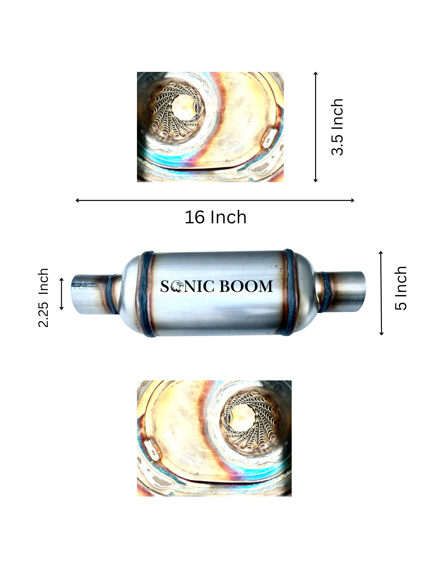 Sonic Boom Compact Performance Muffler Loud, Clean, Powerful - 16 Inch Long With Neck