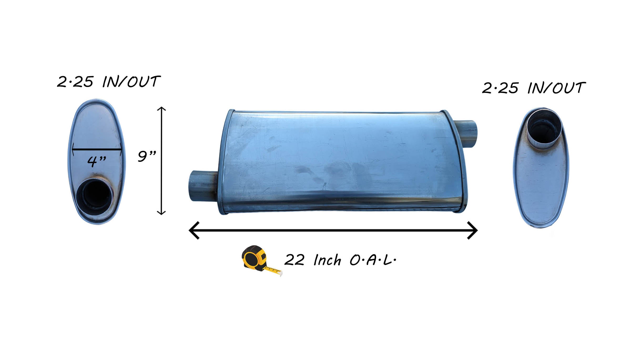 EXHAUST AUTO UNIVERSAL MUFFLER  2.25" I/O - OFFSET/OFFSET 22 Inch Long- 409 STAINLESS image 0